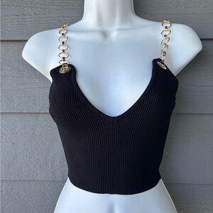 Hera Collection Black Ribbed Crop Top with Gold Chain Straps